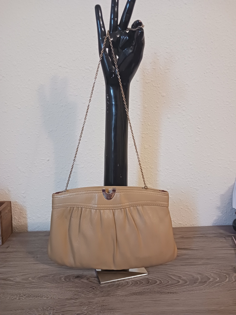Beige Leather Gathered Clutch with Chain Strap- Hinged Opening